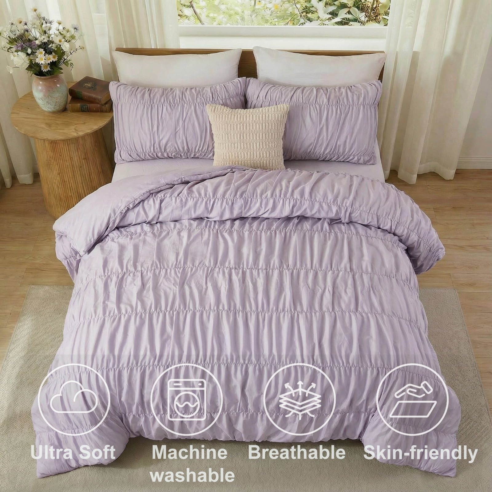 100% Cotton Purple Wrinkle Duvet Cover Set Queen Size,Ruched Bedding Comforter Cover,Shabby Chic Ruffled 3 Pcs Queen Duvet Cover Set,Bohemian Boho Bedding Set with 1 Duvet  Cover 2 Pillowcases