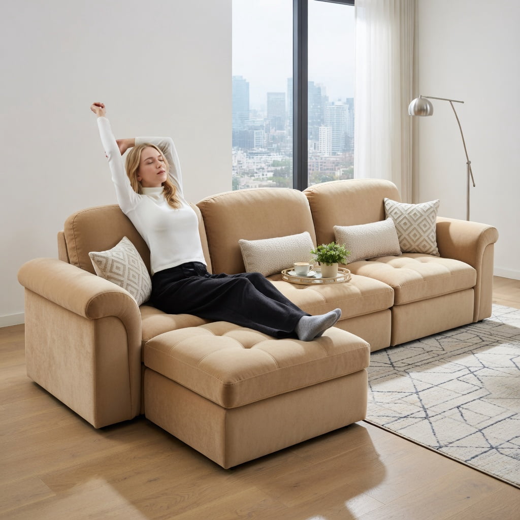 Hommoo 131" U-Shaped Leopard Print Chenille Sofa Set with Movable Ottomans, Tassel Trim & Ergonomic Deep Seat Design, Modern Living Room Sectional, Beige