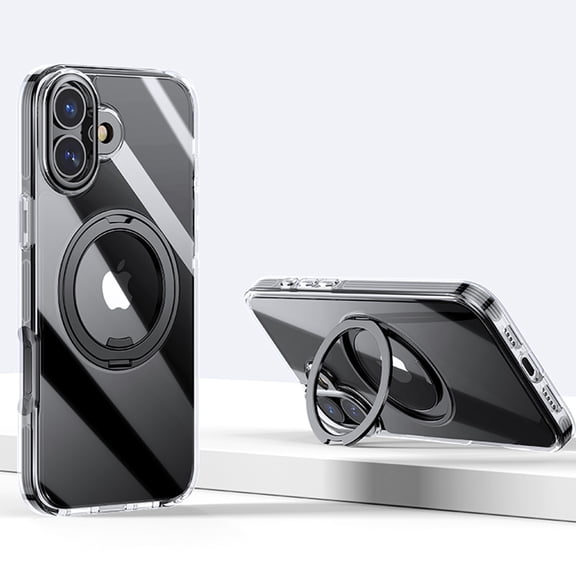 for iPhone 16 Plus Clear Case [Rotatable Metal Ring Stand] Military Grade Drop Protection Non-Yellowing Transparent Slim Non-Slip Ring Phone Cover for iPhone 16 Plus Men Women, Black