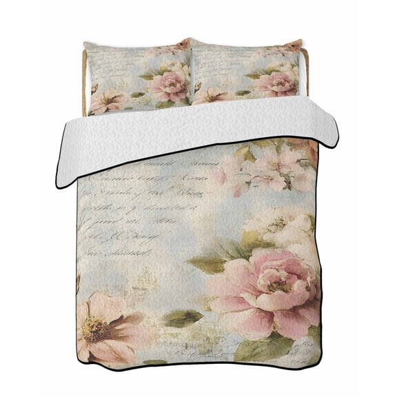 Quilts Queen Size, Farmhouse Pink Floral Soft Comforter Bedding Set for Bed, Spring Vintage Botanical Flowers Lightweight Quilted Bedspread with Pillow Cover(2 Pieces) for All Season, 90x96 Inch