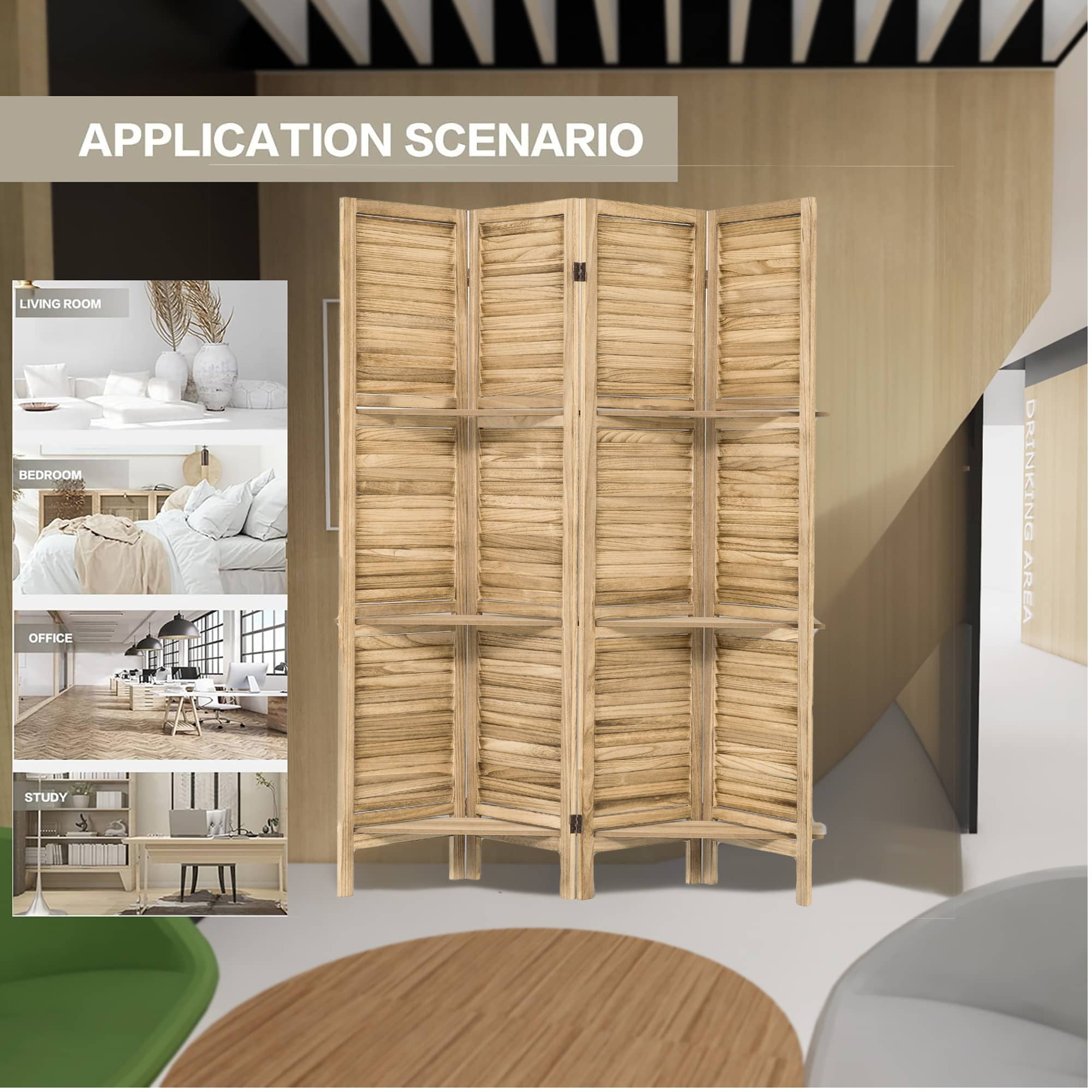 MAYEERTY 4 Panel Freestanding Wood Room Divider with Display Shelves, Natural Color