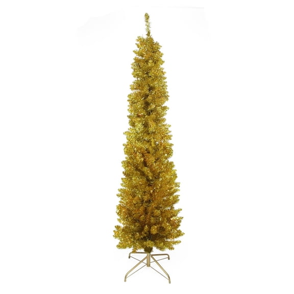 6' x 20" Pre-Lit Gold Artificial Tinsel Pencil Christmas Tree - Clear Lights