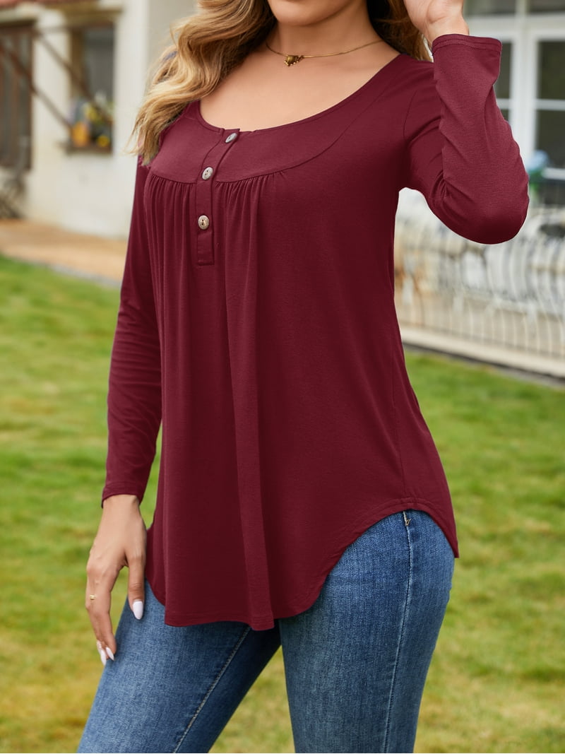 Fancyglim Women's Long Sleeve Henley Shirt, Flowy Tunic Tops, Soft