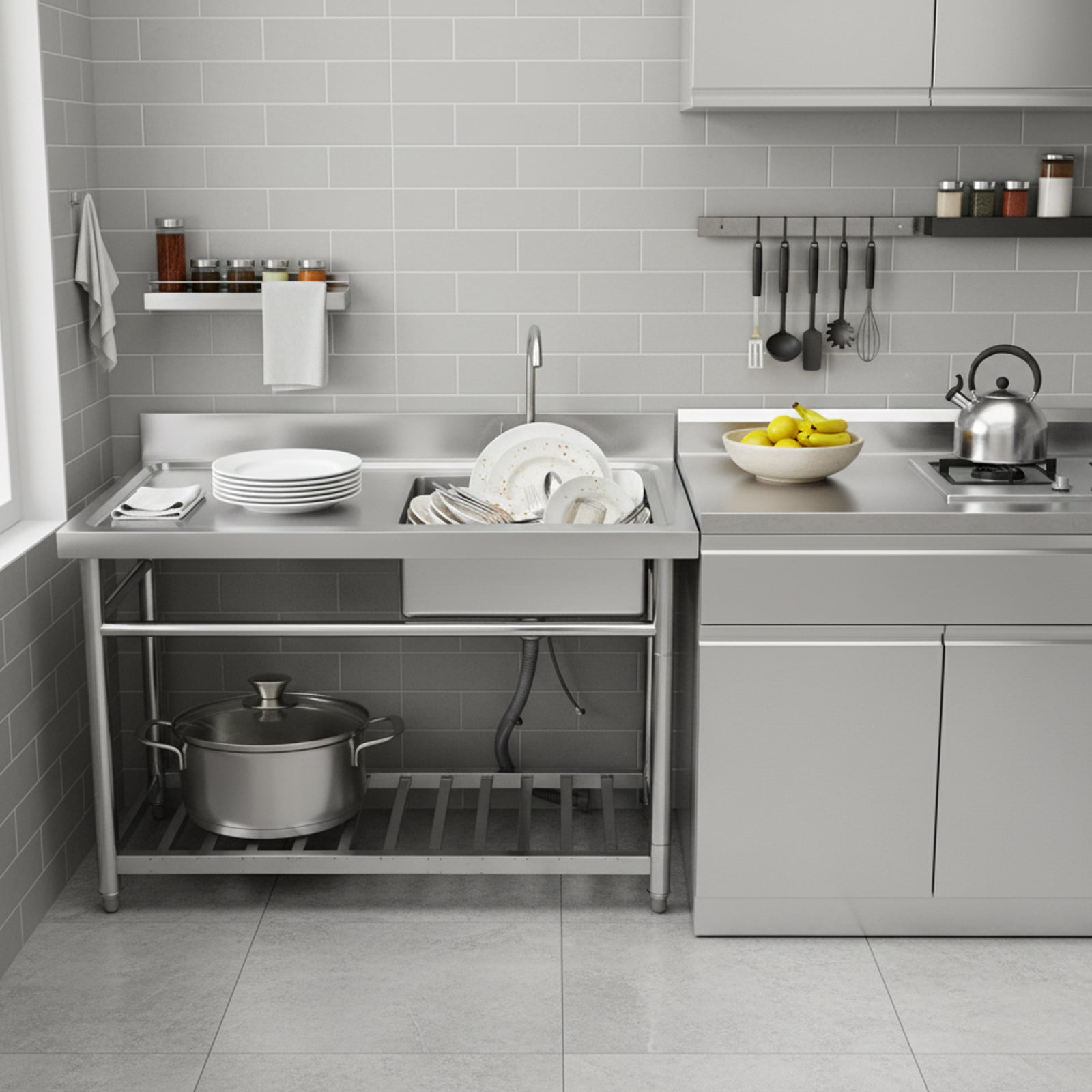 Utility Sink Free Standing Sink, Stainless Steel Sink, Feet Adjustable 0.39-1.18inch Commercial Laundry Sink for Garage, Restaurant