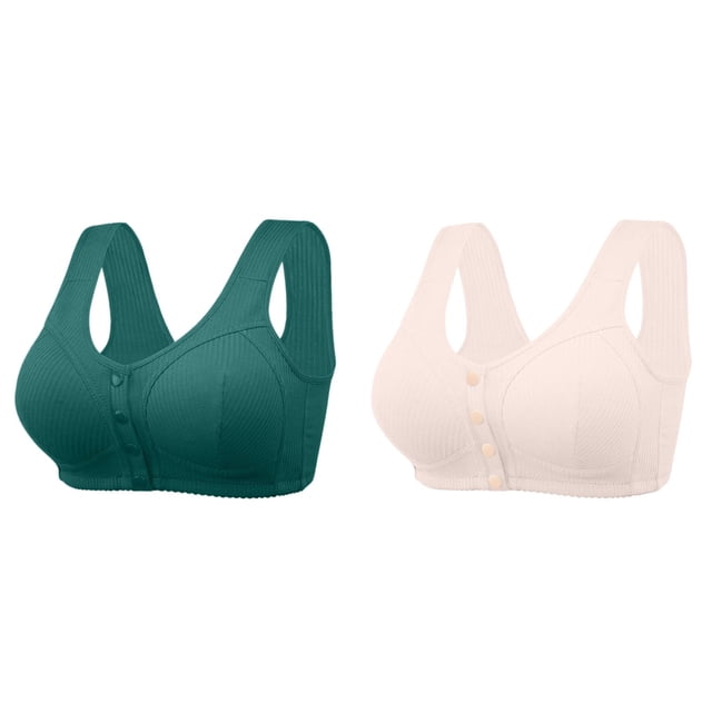 2 Pack(Green 1PCS & Beige 1PCS) Multipack Women's Comfortable New Thread Bras Sports Cloth Pure Front Button Medium and Old Age Large Size No Steel Ring Bra
