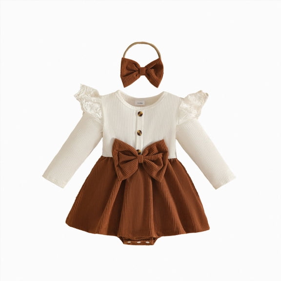 enyan Newborn Baby Girl FaLL Outfits Infant Ribbed Romper Dress Ruffle Long Sleeve Clothes Jumpsuit with Bow Headband Brown,9-12 Months