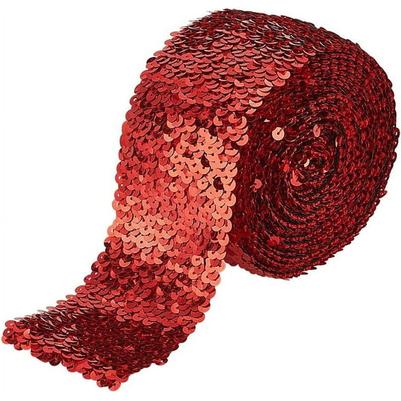5.5 Yards Dark Red Elastic Sequin Ribbon - 3Inch Wide Metallic Sequin Trim Lace Paillette Trim Stretch Bling Paillette Ribbon