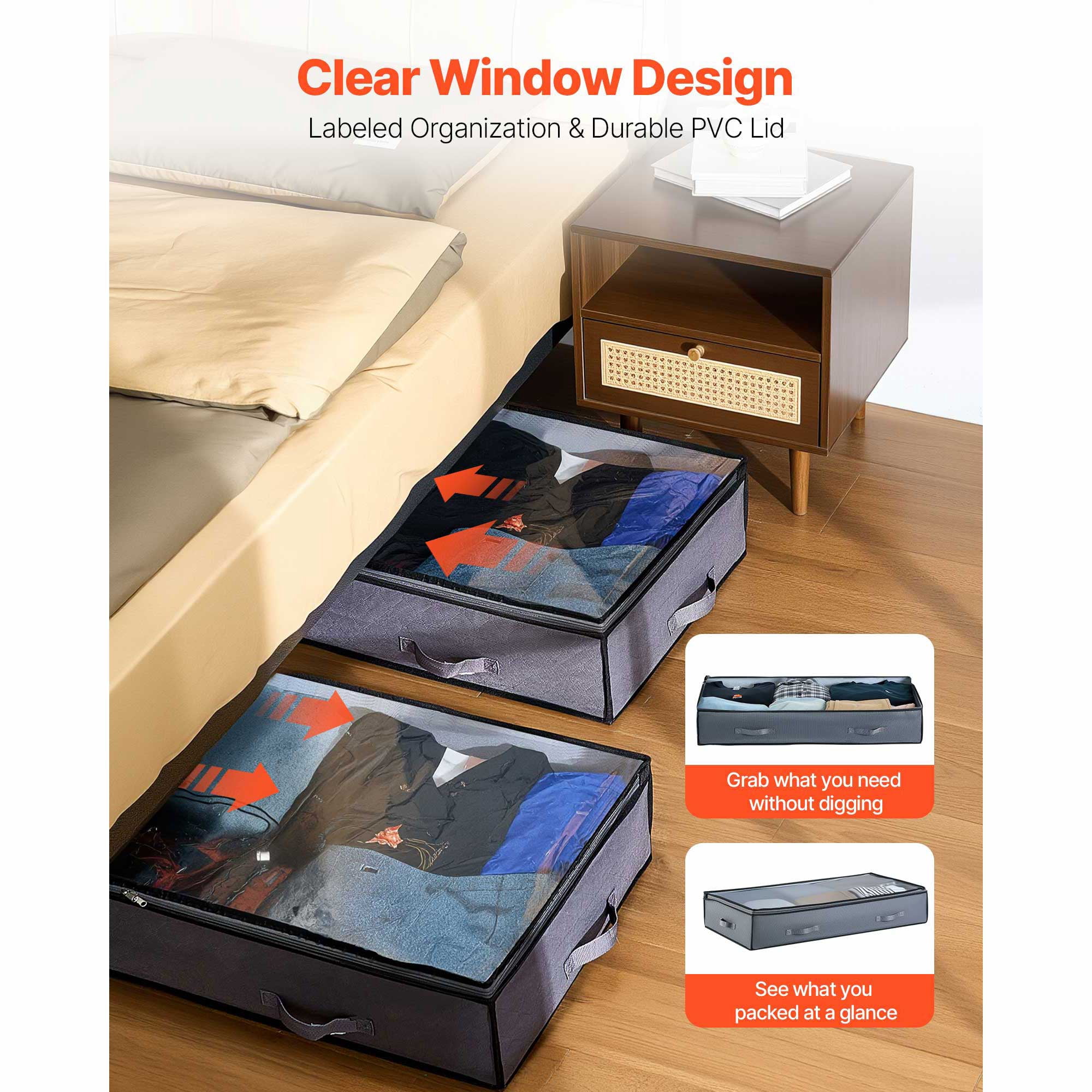 KFFKFF Under Bed Storage with Transparent Lids, 39.2 x 19.7 x 7.1 Inch, 90L Large Capacity Containers, Slim Underbed Drawer and Organizer for Shoes, Blankets, and Bedroom Essentials, Set of 4