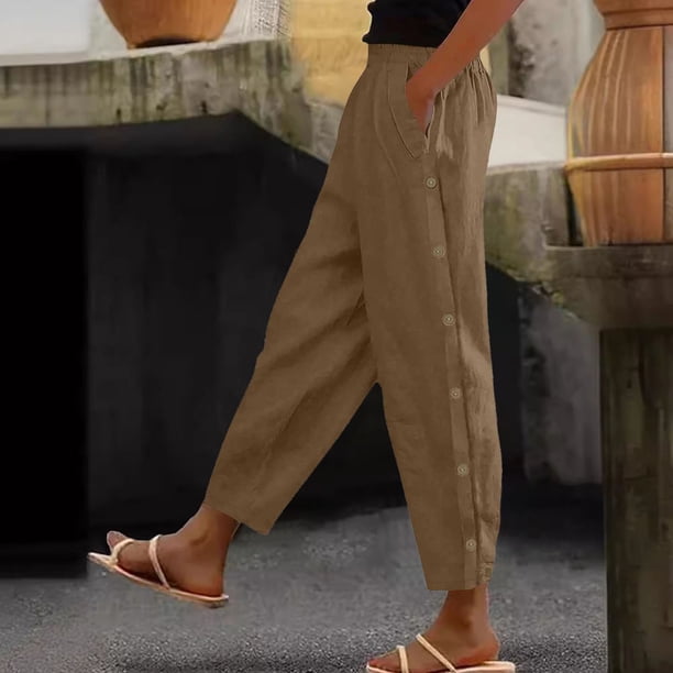 WILLBEST Pantalones Casuales para Mujer, con Botones, Cintura Alta, Pierna Ancha, Elásticos, con Cordón, Cómodos, Rectos, Largos, con Bolsillos. Mediana
