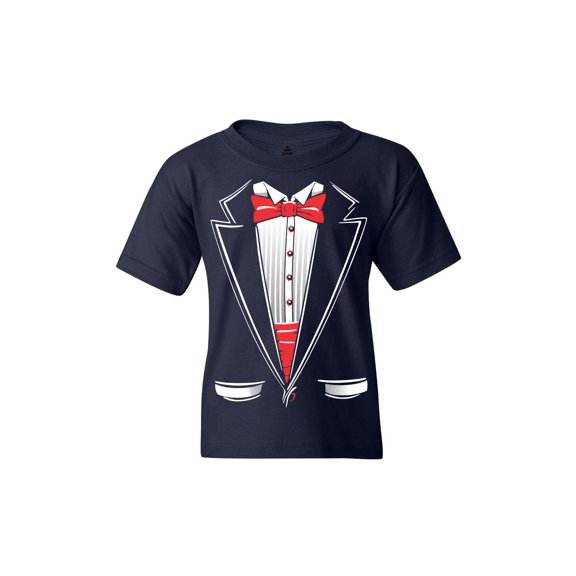 Shop4Ever Kids Classic Red Bow Tie Tuxedo Suit Party Costume Graphic Child's Youth T-Shirt Small Navy Blue