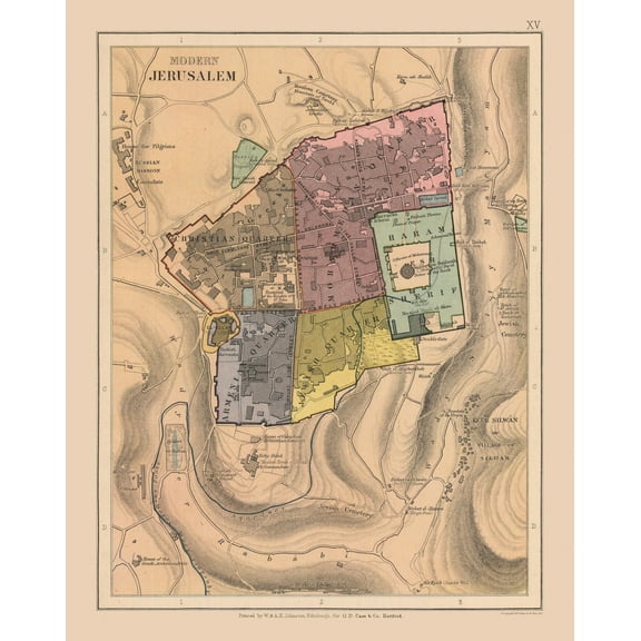 Historic Map - Jerusalem Israel Modern Religions - Case  1878 - Vintage Wall Art