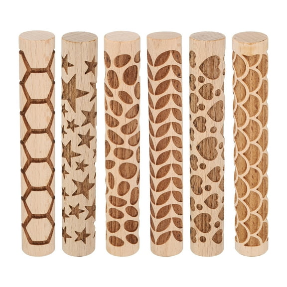 Uxcell 6pcs Wood Clay Roller 4" Hexagon Pattern Rolling Pins Wood Rollers Pottery Tools Wood Grain Texture Rollers for Clay Baking Dough Playdough DIY