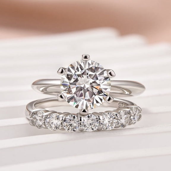 Veda Jewel 2.3 Ct Round Cut Lab-Created Simulated Diamond Bridal Engagement Ring Set, Wedding Band, 14K White Gold Plated, Solitaire with Accents