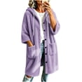 thumbnail image 4 of Zedker Long Hooded Fleece Cardigan for Women Button Front Drawstring Hood Patch Pockets Oversized Outerwear Purple Jackets for Women, 4 of 8