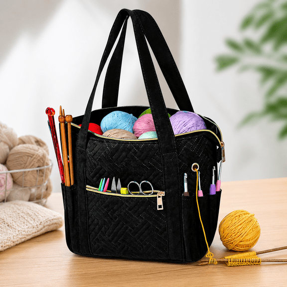 Crochet Bag Organizer for Yarn Storage, Velvet Knitting Tote Bag with Double Handle for Crochet Accessories, Portable Travel Case for Yarn Balls, Crochet Hooks& Knitting Needles Holder (Black)
