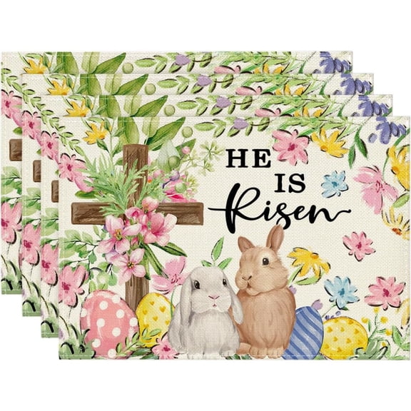 4pcs Carrot Bunny Floral Easter Placemats Table Mats Durable Washable Rustic Linen Vintage Placemats for Home Dinner Party Camping Wedding Table Decoration 12 x 18 inches