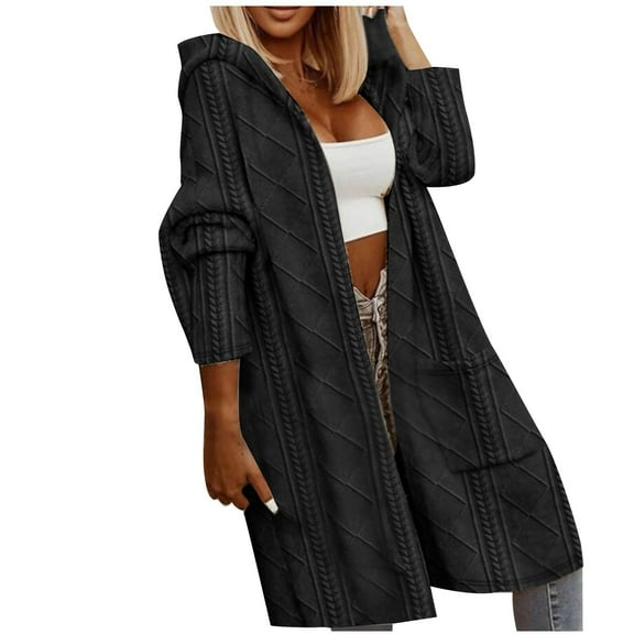 qolati Winter Coats for Women 2024 Fuzzy Fleece Long Sleeve Hooded Cardigan Jackets Oversized Warm Sherpa Lined Long Coats Outwear with Pockets