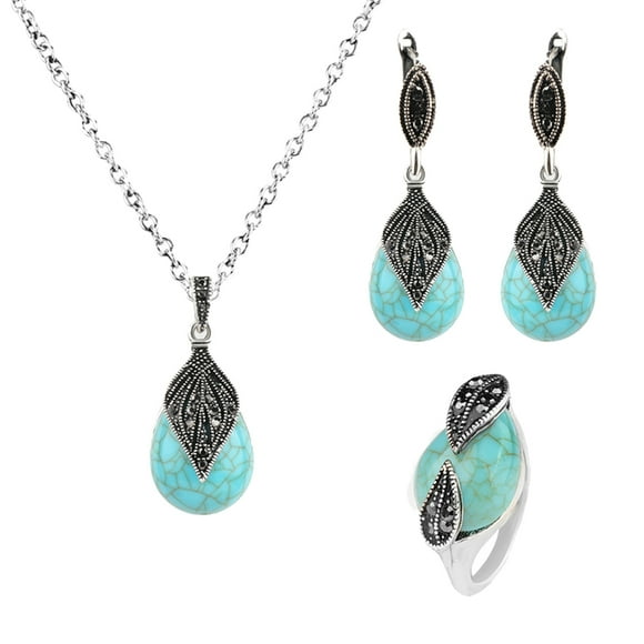 Leaf Water Drop Faux Turquoise Pendant Necklace Ring Earrings Women Jewelry Set