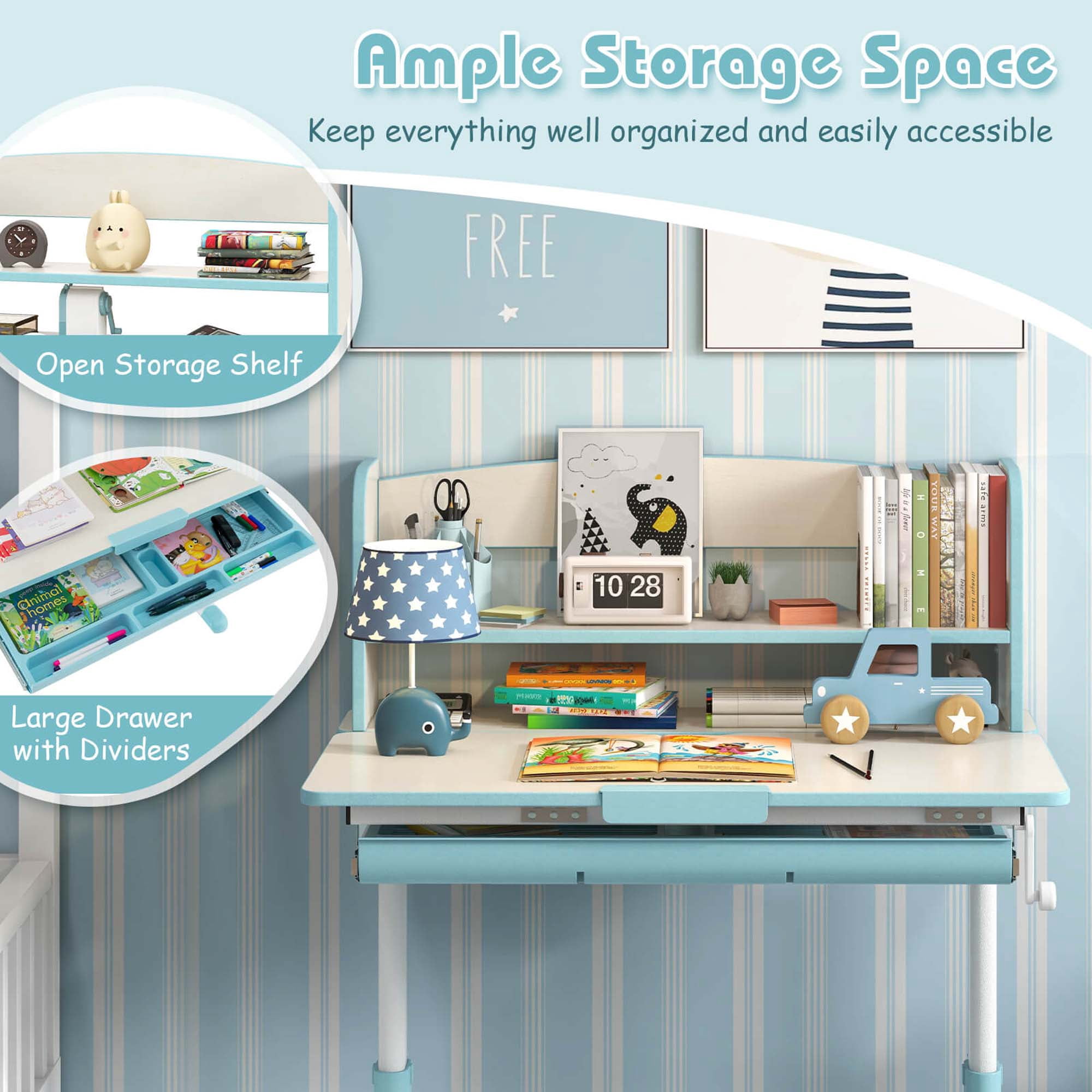 Costway Kids Study Desk with 7-Level Tiltable Desktop Adjustable Height Pull Out Drawer Blue