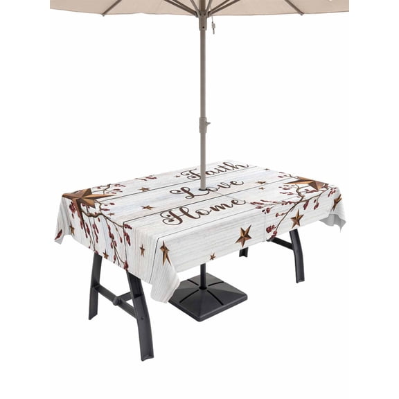 Outdoor Tablecloth with Umbrella Hole for Patio/Picnic/Party/Camping, Grey Wooden Grain Waterproof Table Cloth Rectangle Table Cover Washable, Brown Country Texas Star Branches (60"x 84")