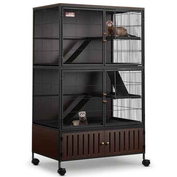 HABUTWAY 60''H Metal Large Ferret Cage, Rolling Chinchilla Cage, Critter Nation Cage, Indoor Wooden Pet Crate Furniture