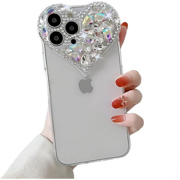 for iPhone Case,3D Love Heart Crystal Diamend Rhinestone Sparkle Sparkly Bumper Camera Lens Protection Soft Shockproof Phone Case (White,iPhone 14 Pro Max)