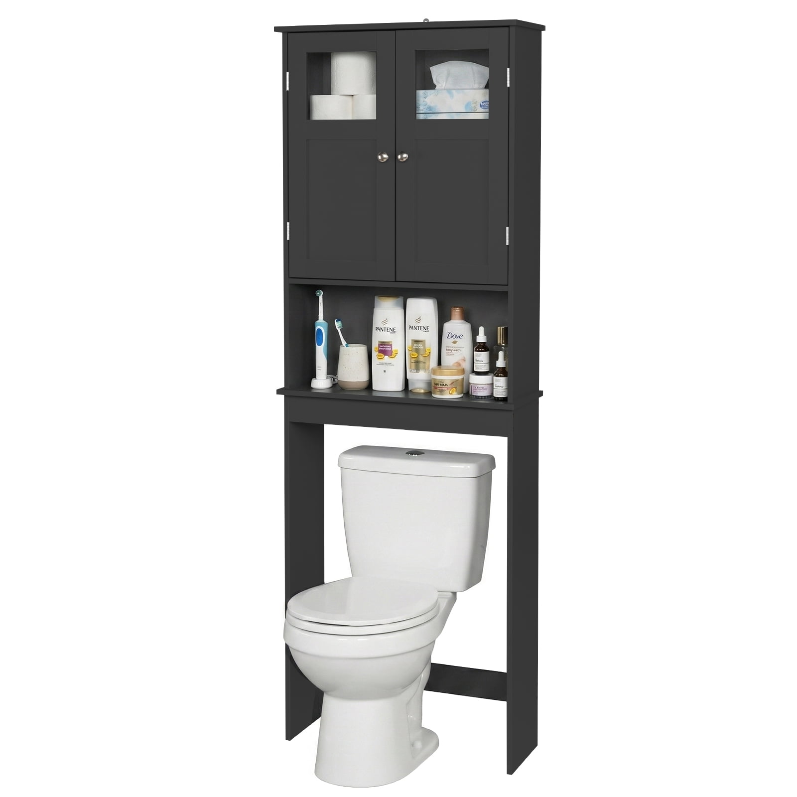 2-Door 3-Tier Toilet Cabinet MDF Melamine-Faced Bathroom Vanity, Black 23.23*8.66*66.93in