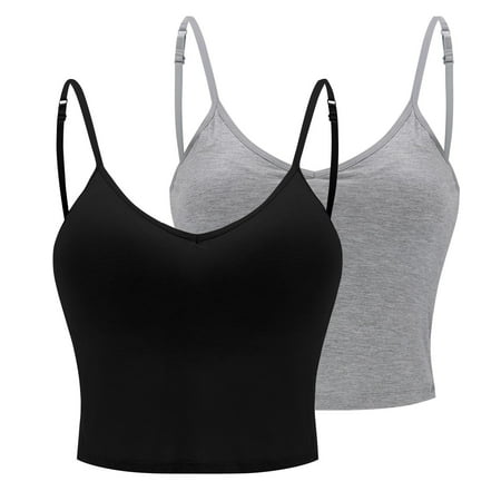 Deals of The Day Clearance! Shapewear Bodysuit Women Polyester Blouse 2pc Women s Solid Neck Thin Padded Wireless Bra Set Integrated Padded for Support(2pc Vest (1pc Black + 1pc Gray))