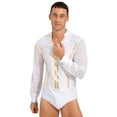 thumbnail image 3 of Doomiva Mens Latin Ballet Ballroom Dance Leotard Long Sleeve Mesh Splice Shiny Rhinestones Shirts White L, 3 of 7