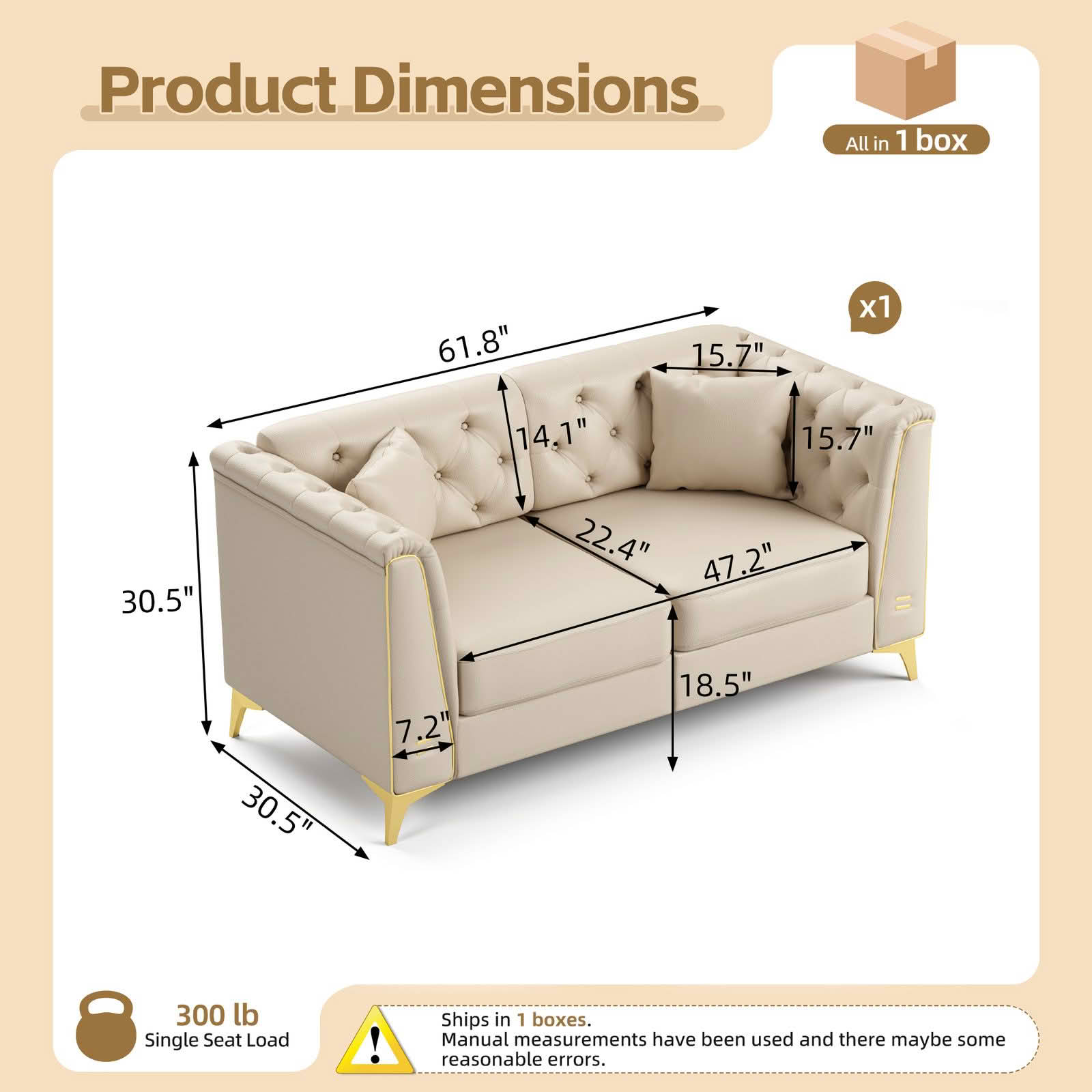 MAYEERTY 61.8" Light Luxury Modular Chesterfield 2‑Seater Sofa, Faux‑Leather Loveseat with Button Tufting, Metal‑Trim Armrest & Thin Metal Legs, 2 Pillows Included