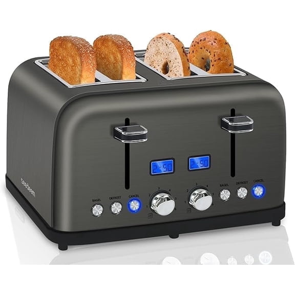 Toaster 4 Slice, LCD Display, 6 Shade Settings, 1.5'' Wide Slots, Digital Stainless Toaster for Bagel, Defrost, Reheat, Dual Control, Removable Crumb Tray, 1500W, Dark Metallic