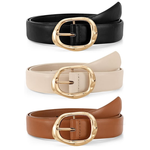 SUOSDEY 3 Pack Women Belts for Jeans Pants Ladies Leather Waist Belt with Liquid Shapes Gold Buckle