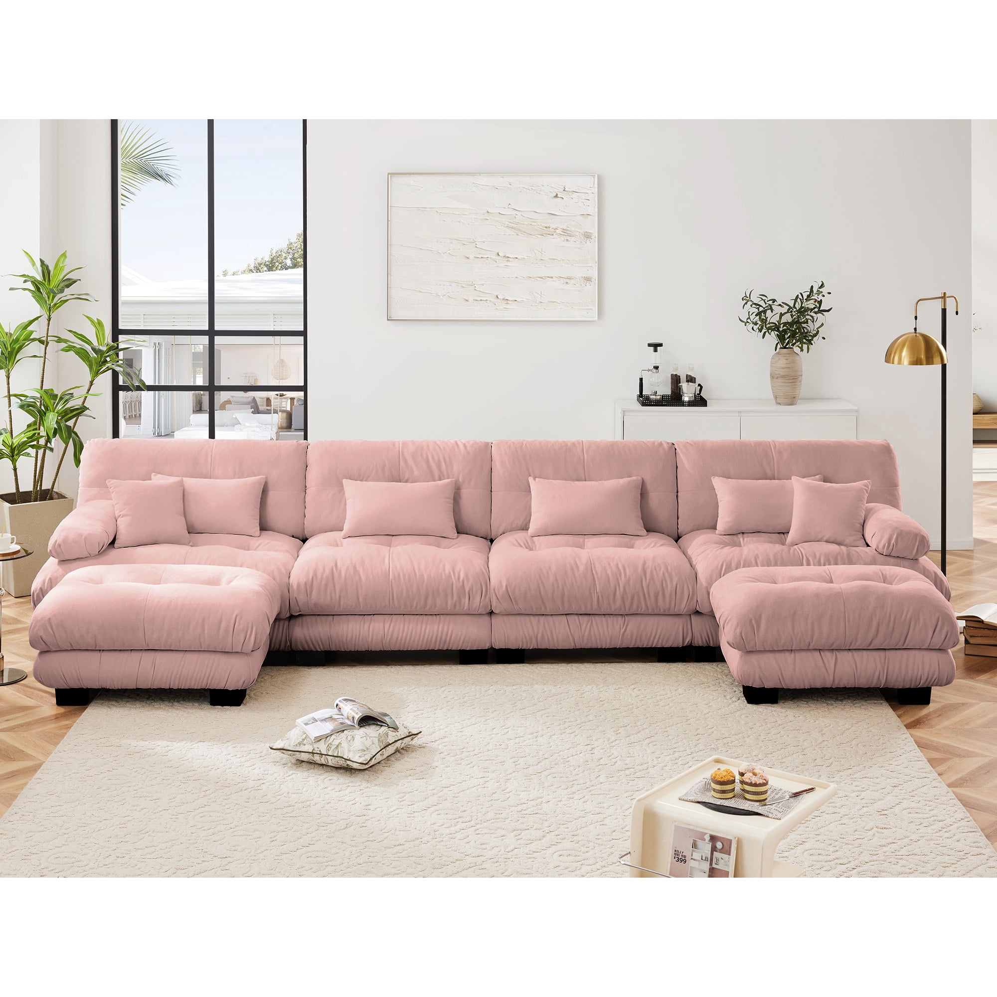 Gewnee Luxury 173.2" Modular U Shaped Sectional Sofa, Oversized Deep Seat Chenille Cloud Couch with 2 Movable Ottomans, Lumbar Pillows & Throw Pillows, Upholstered Sofa for Living Room, Pink