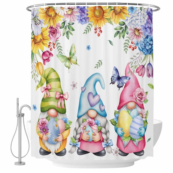 Spring Easter Shower Curtain, Waterproof Shower Curtains for Bathroom, Watercolor Eggs Gnomes Floral Butterflies Plants Washable Fabric Bathtub Curtain Set Bath Decor with 12 Hooks Extra Long 72"x96"