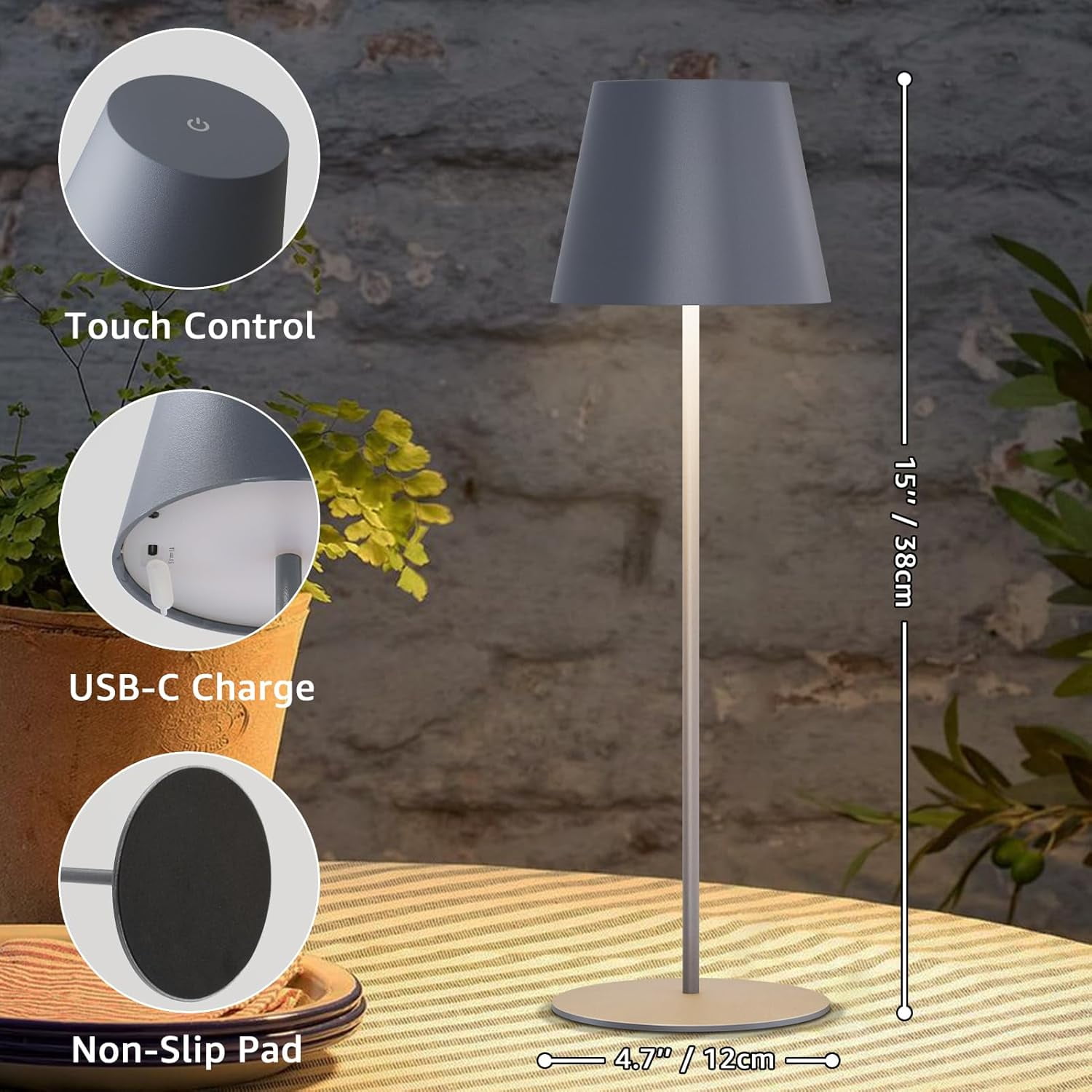 Postlucky 2 Pack 15" Cordless Table Lamp with LED, Touch Control, Dimmer, Plastic Shade, Metal Base, Matte Gray