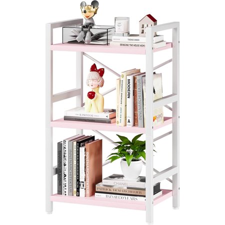 Bookshelf 3 Tier Industrial Bookcase Metal Small Bookcase Rustic Etagere Book Shelf Storage Organizer for Living Room Bedroom and Home Office(Pink)
