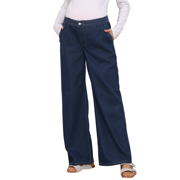 INSPIRE CHIC Women Maternity Jeans Elastic Waist Wide Leg Long Loose Pregnancy Denim Pants Trousers with Pockets M Deep Blue