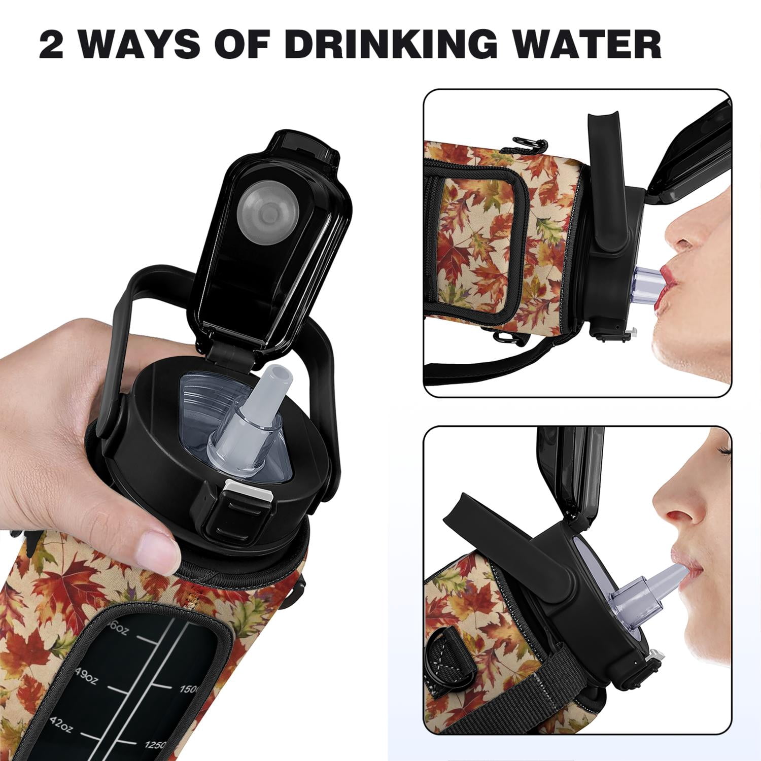 Maple Leaf 64 Oz Water Bottle with Measurements - BPA Free Leakproof Sport Large Plastic Water Bottle with Straw & Time Marker & Insulated Neoprene Holder Carrier Bag Great Gift for Women Men