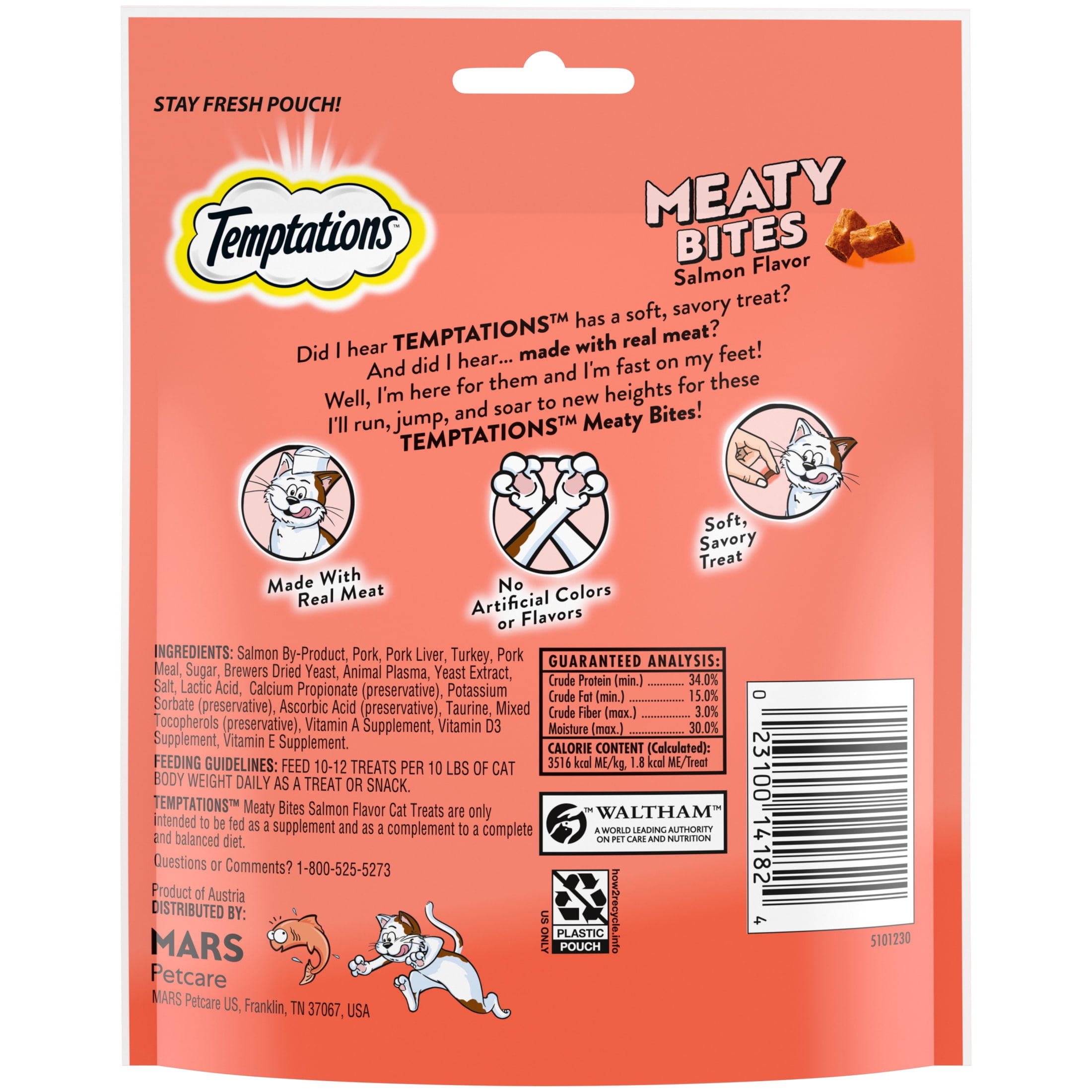 Temptations Meaty Bites, Soft and Savory Cat Treats, Salmon Flavor, 4.12 oz Pouch