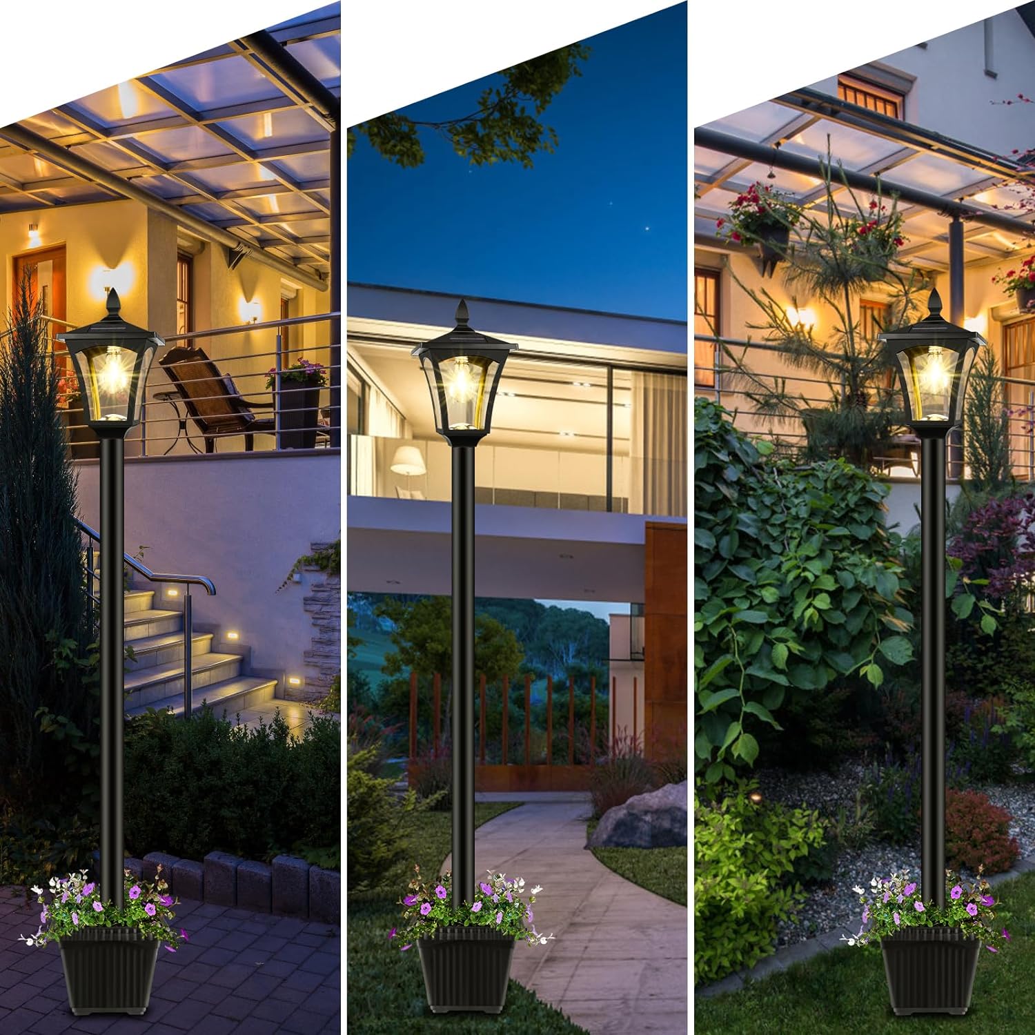 HOODINK Solar Lamp Post with Planter, IP 44 Waterproof Solar Garden Lights, 2000mah LED Planters Pots Outdoor for Pathway