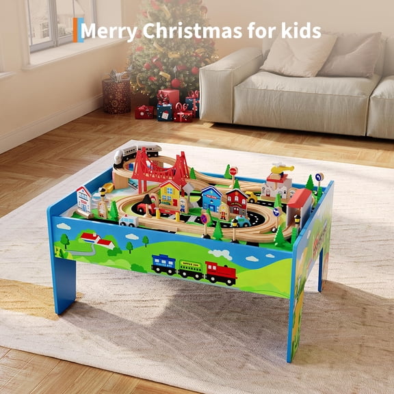 2-in-1 Train Table & Study Desk, 80 Pieces Wooden Kids Activity Playset with Tracks, Railway, Train & City Accessories, Gift for Toddler Boys Girls Ages 3 