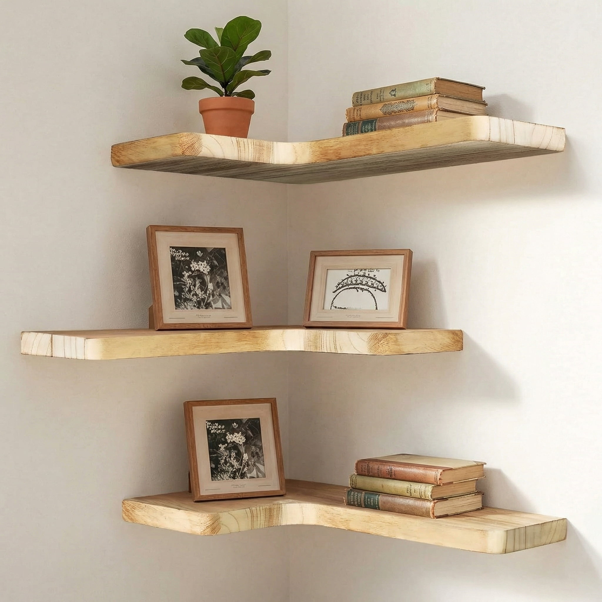 Floating Corner Shelves Set of 3, Solid Wood Picture Wall Shelf, Floating Shelves for Storage for Bedroom Kitchen Bathroom Living Room (Light Burnt)