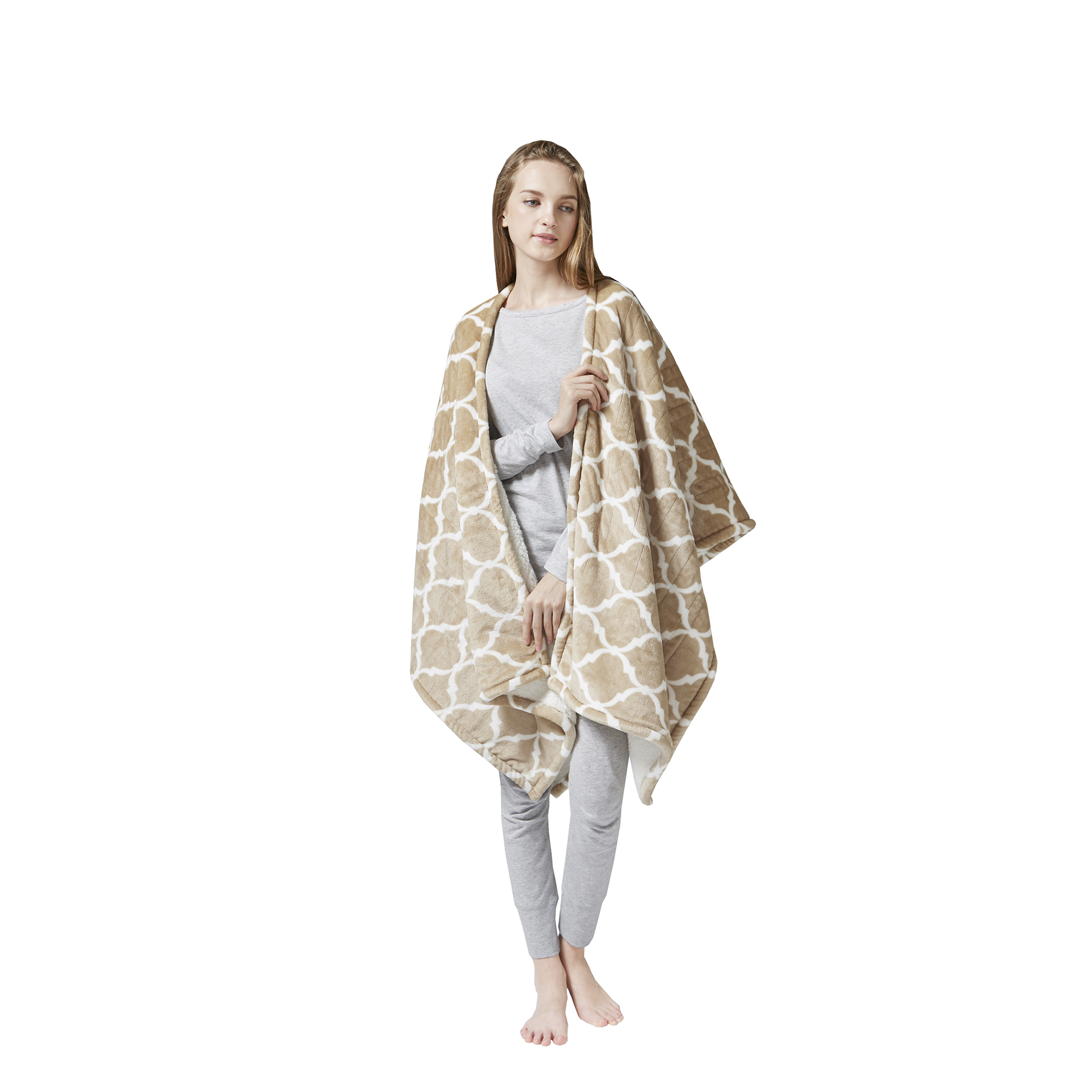Tan Oversized Heated Electric Snuggle Wrap Throw 50W x 64L Sherpa Ultra
