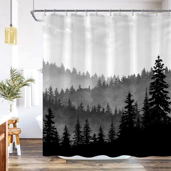Black Mountain Misty Shower Curtain Bathroom Forest Shower Curtain Set Waterproof Fabric Bathroom Set with 12 Hook 72x72 inches