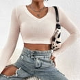 thumbnail image 4 of Womens Cropped Knitted Tops V Neck Long Sleeve Hollow Out Sweater Tops Solid Color Fitted Henley Shirts Blouse, 4 of 7