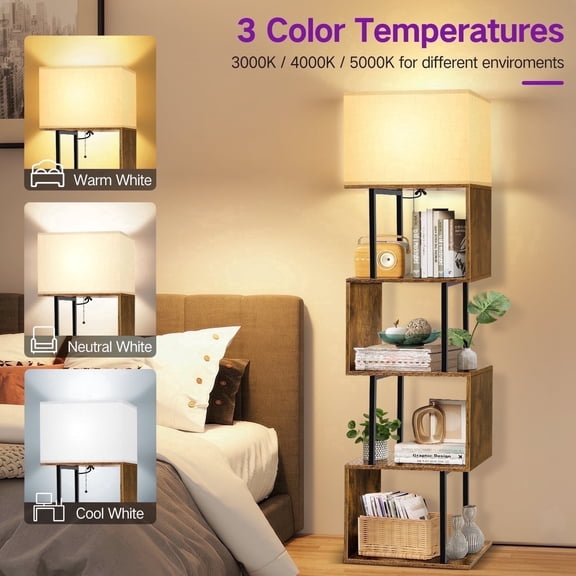 OUTONLIFE Floor Lamp with Shelves & Remote, 4-Tier Dimmable S Shape Standing Lamp with 3 Color Temperature LED Bulb for Living Room Bedroom, Office
