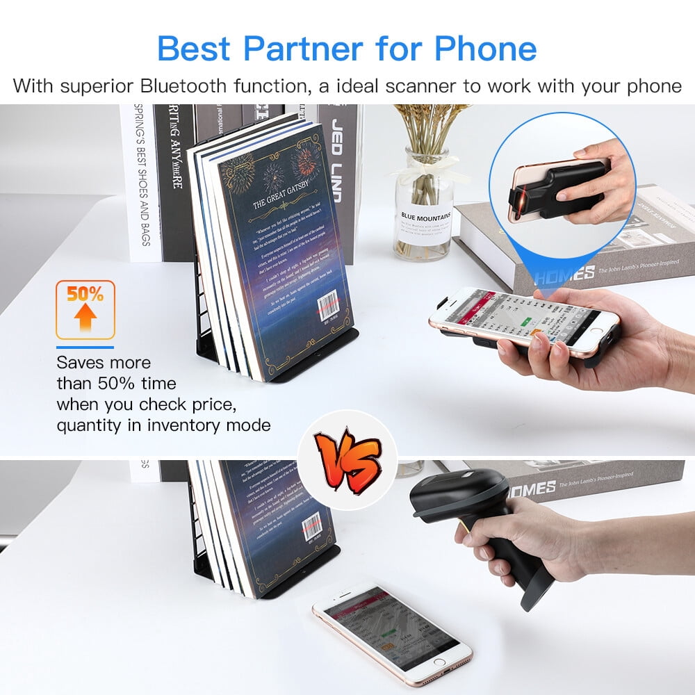 Eyoyo 1D 2D QR Code Barcode Scanner Bluetooth Wireless Phone Back Clip UPC ISBN Inventory Barcode Reader Compatible with iPhone, Android Phone,PC