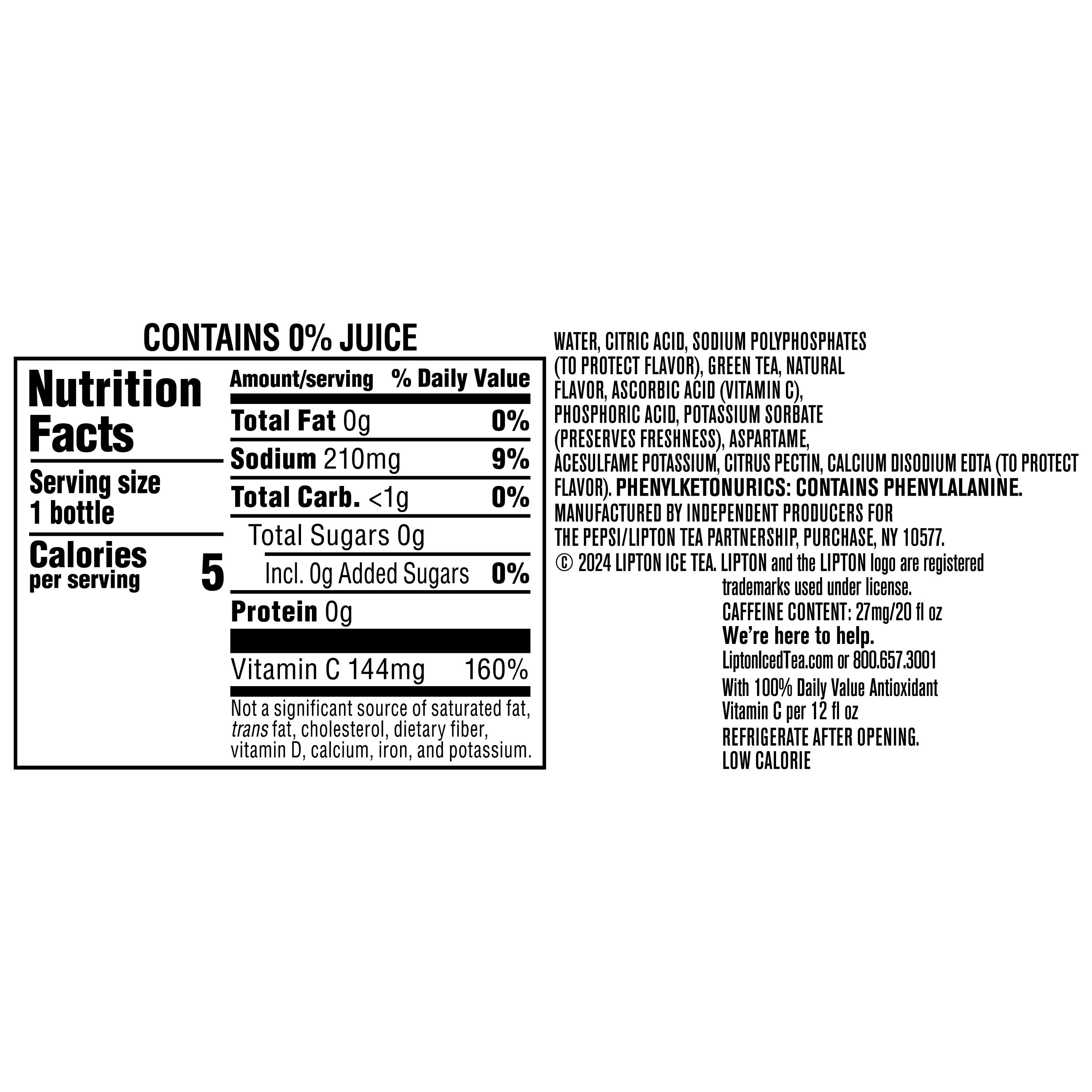 Lipton Green Tea Citrus Zero Sugar Iced Tea, 20 fl oz, 1 Bottle