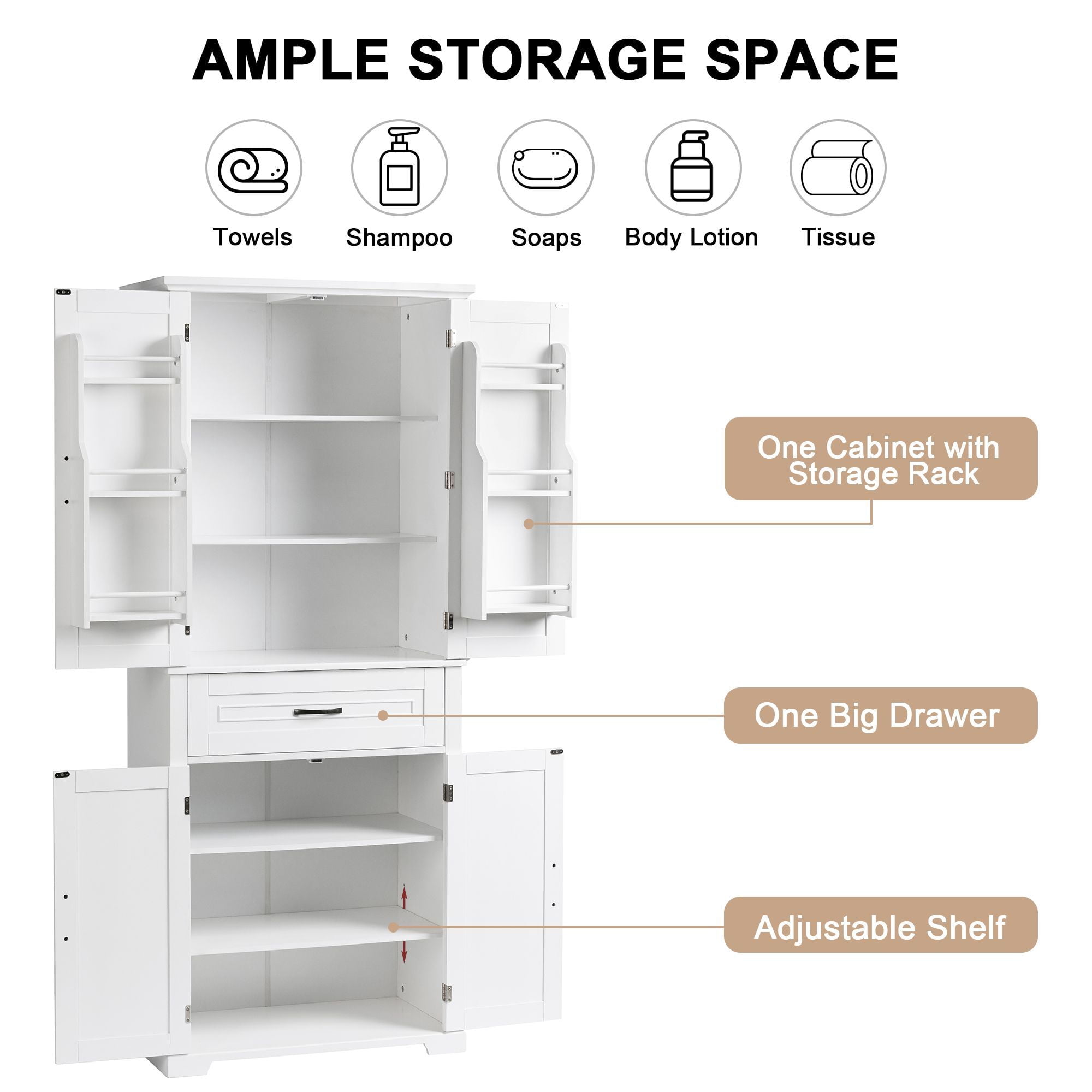 DEALTOPS Tall Storage Cabinet with Spacious Storage, Wide Cabinet with Storage Racks, White