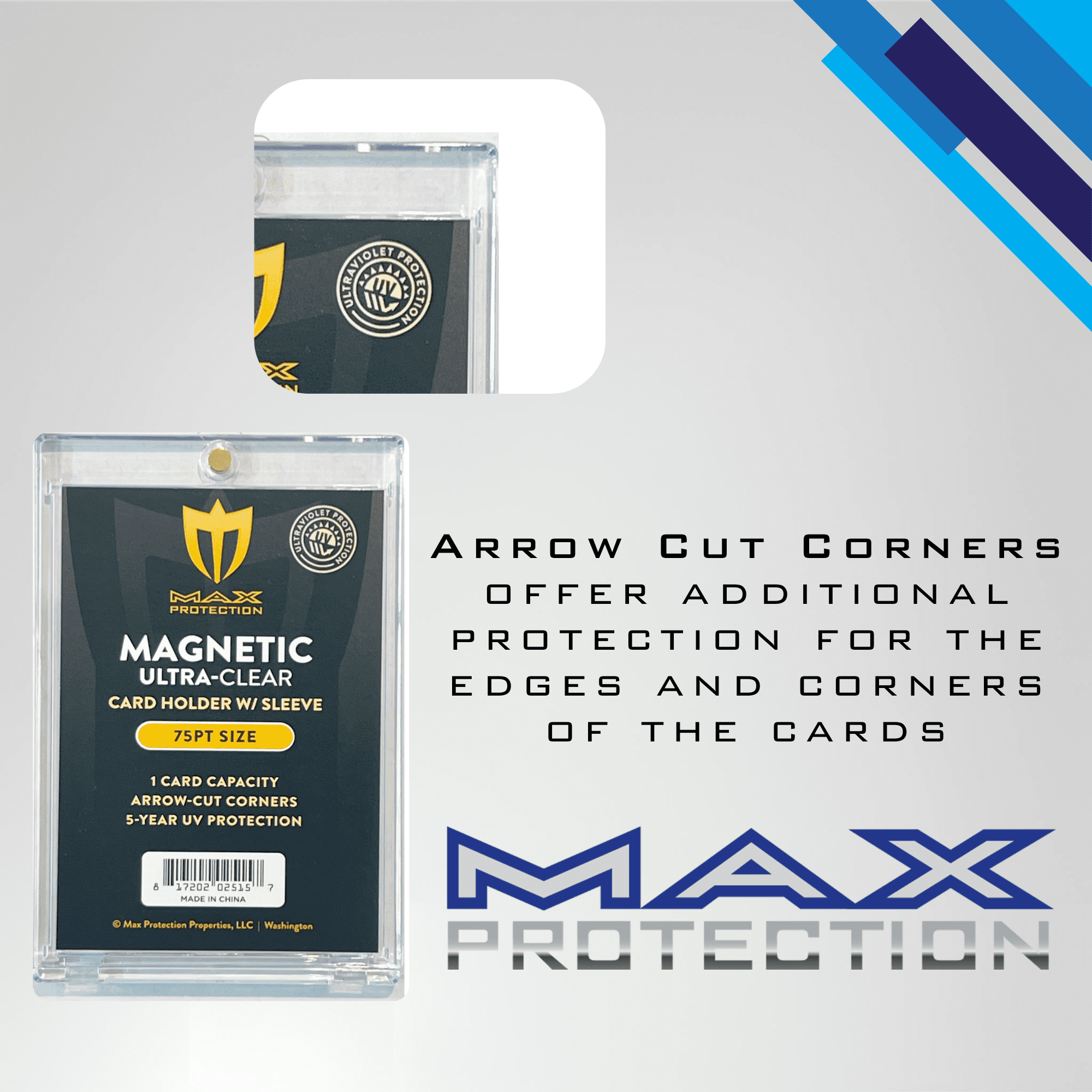 Max Protection Magnetic Card Holder for 75pt Sleeved Cards - Arrowhead Corners for Extra Protection (25)